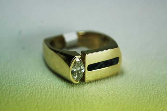 Men's Yellow Gold Diamond and Psilomilene Ring - .74ct Marquise Cut Diamond