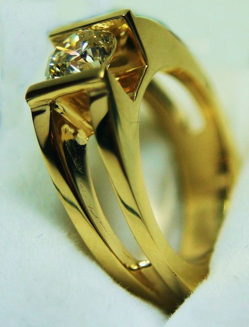 Ladies 14K Yellow Gold Custom made open shank ring w/ 1.43ct Chanel Set round diamond.