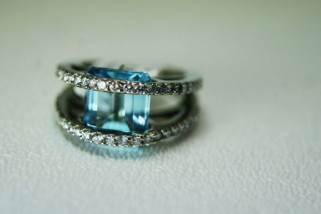 14K White Gold Custom Made Blue Topaz & Diamond Ring w/.93ct total round diamonds.