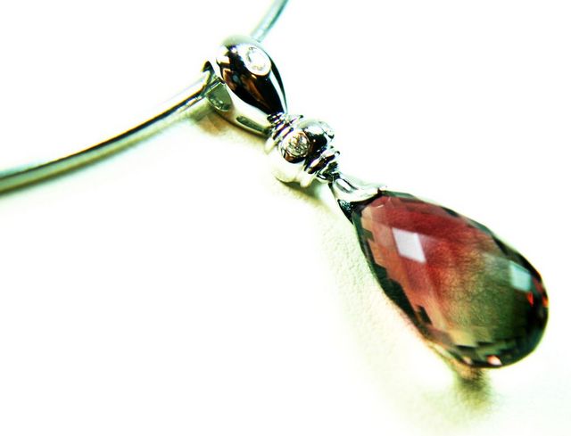 14K White Gold Briolette Cut Watermellon Tourmaline Pendant.