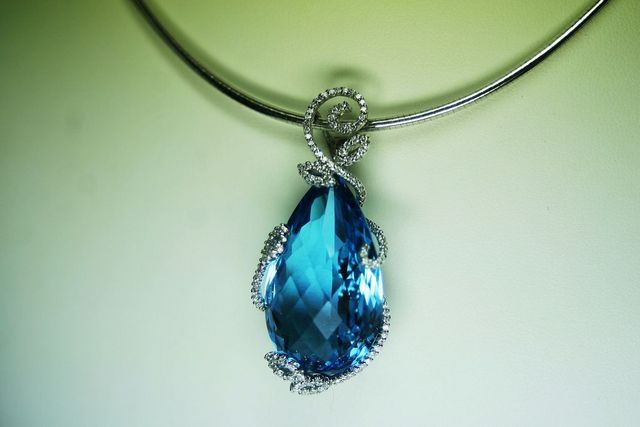 Ladies white Gold London Blue Topaz and Diamond Slide on a round Omega Necklace - .62ct total round diamonds