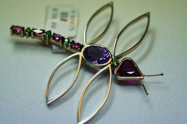 14K White Gold custom made Dragonfly w/pink Tourmaline, Amethyst, Rhodolite & Tsavonte Garnets.